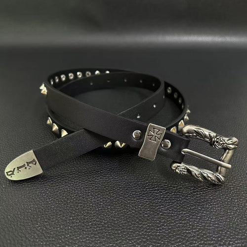 American vintage-style leather belt ERD melancholy rich second generation portrait hand-painted black and white checkerboard belt American vintage trend old belt