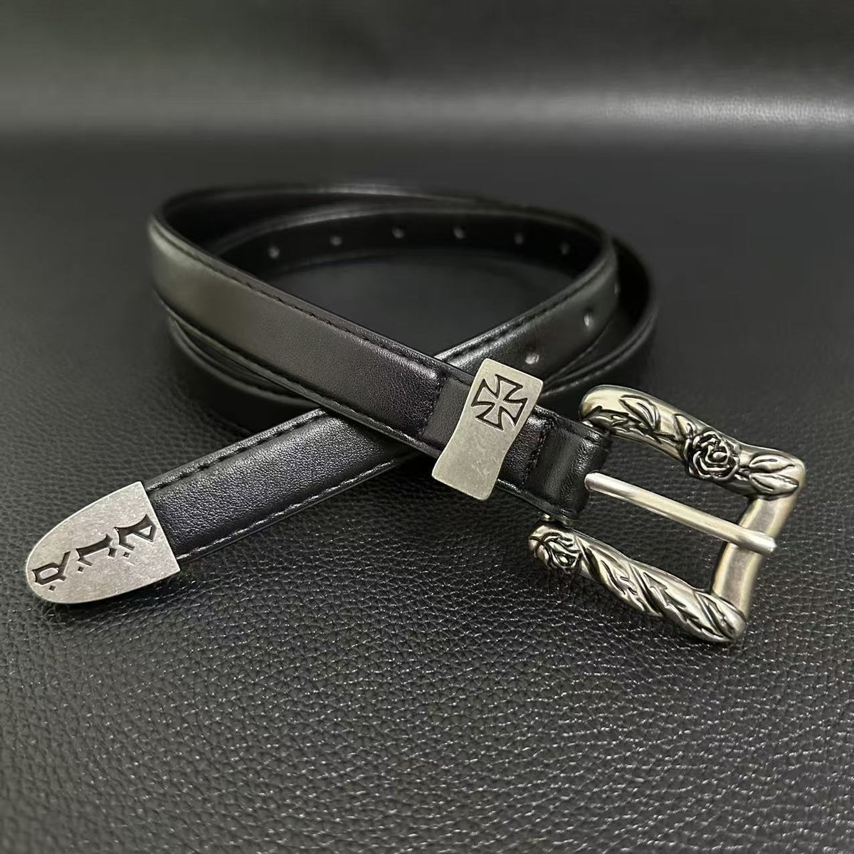 American vintage-style leather belt ERD melancholy rich second generation portrait hand-painted black and white checkerboard belt American vintage trend old belt