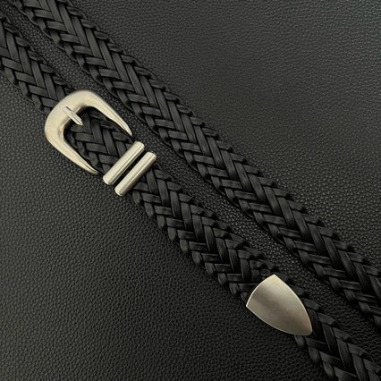 American vintage-style leather belt retro old matte hand-woven belt free punching men's and women's simple and versatile black belt