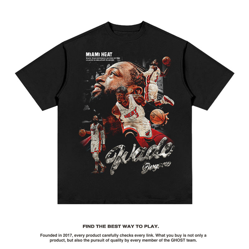 Nba T-shirt Summer Printed Short-Sleeved T-shirt Heavy Cotton Washed Distressed Top for Men High-quality pure cotton comfortable and trendy clothing