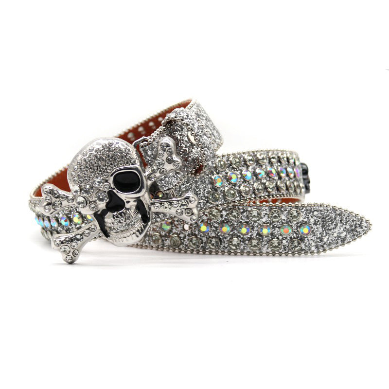 Hip-hop punk rhinestone belt silver big skull punk style