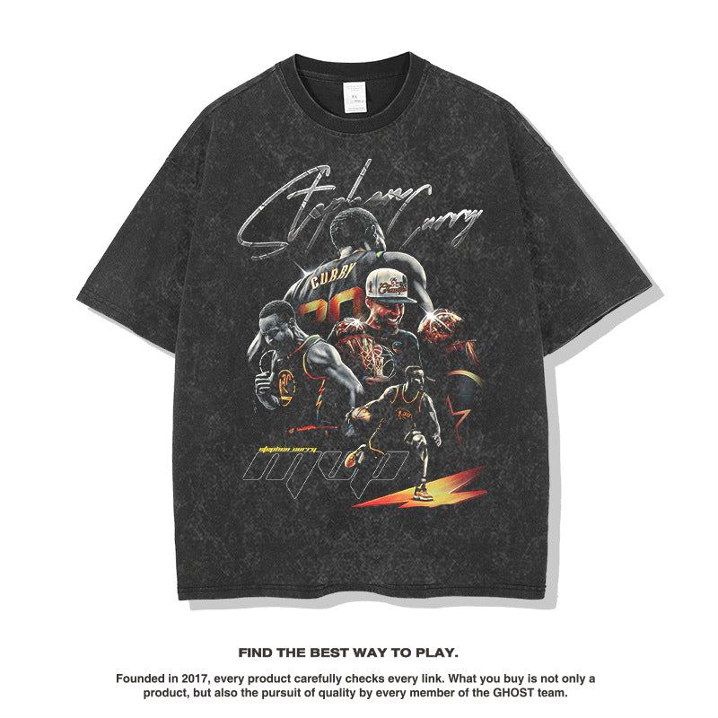 Nba T Shirt Curry Basketball Character Print Short Sleeve Men and Women Heavy Loose High-quality pure cotton comfortable and trendy clothing