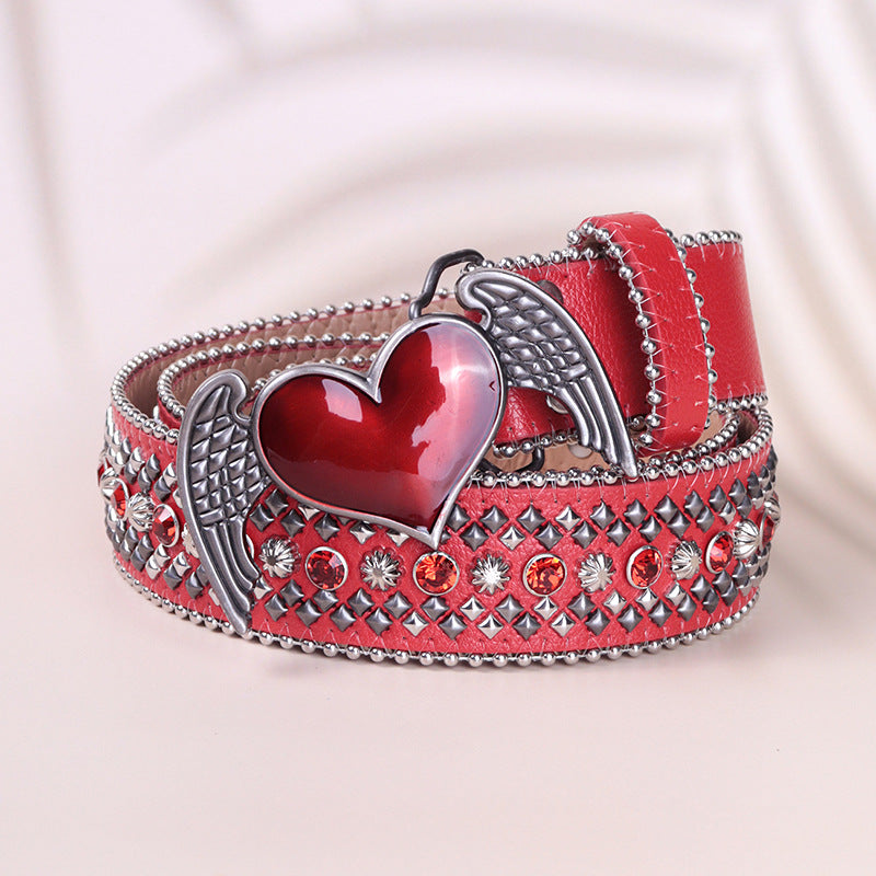 Hip-hop punk rhinestone belt retro red heart wings