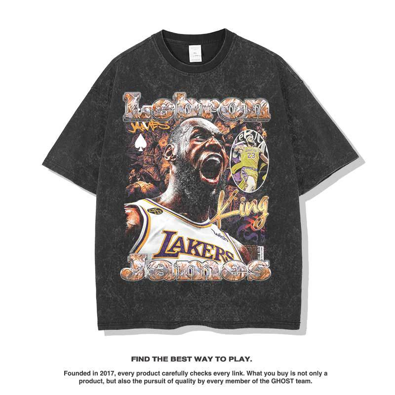 Nba T Shirt James Printed Short-Sleeved T-shirt Men's and Women's Heavy Fashion Brand round Neck Washed High-quality pure cotton comfortable and trendy clothing
