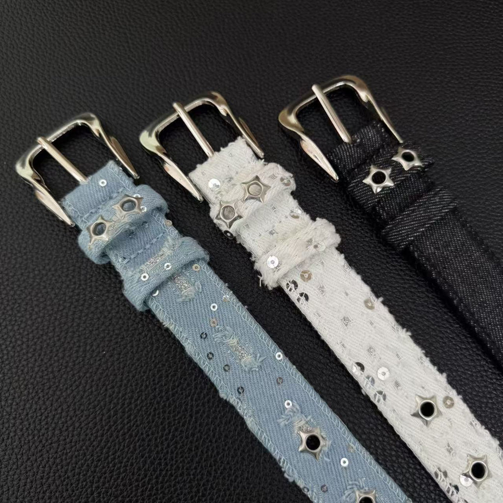 American vintage-style leather belt retro star rivet free punching belt belt belt y2k niche personality men's and women's versatile jeans belt