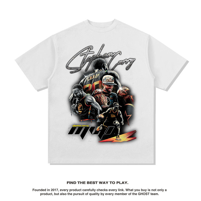 Nba T Shirt Curry Basketball Character Print Short Sleeve Men and Women Heavy Loose High-quality pure cotton comfortable and trendy clothing