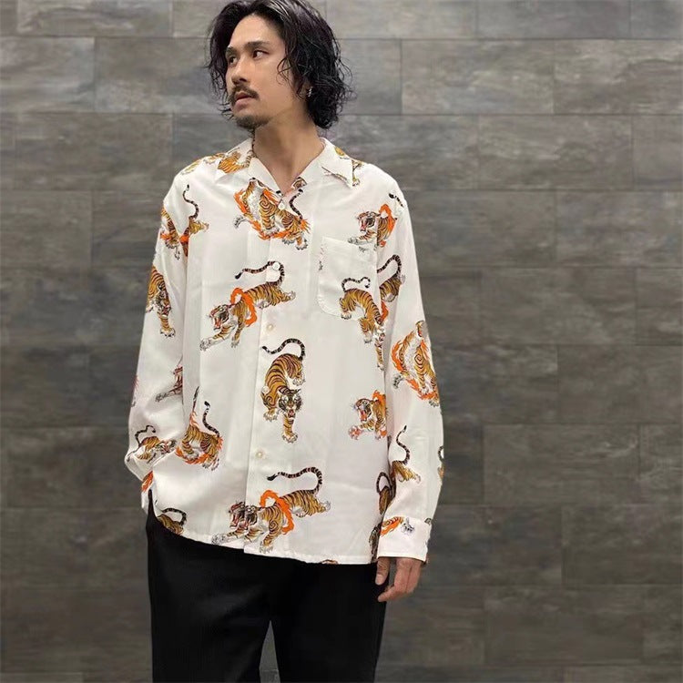 GUILTYPARTIES TIGER Long sleeved shirt TIM LEHI Downhill Tiger Fire Ring Tiger, Hawaiian Long Sleeve Shirt Men