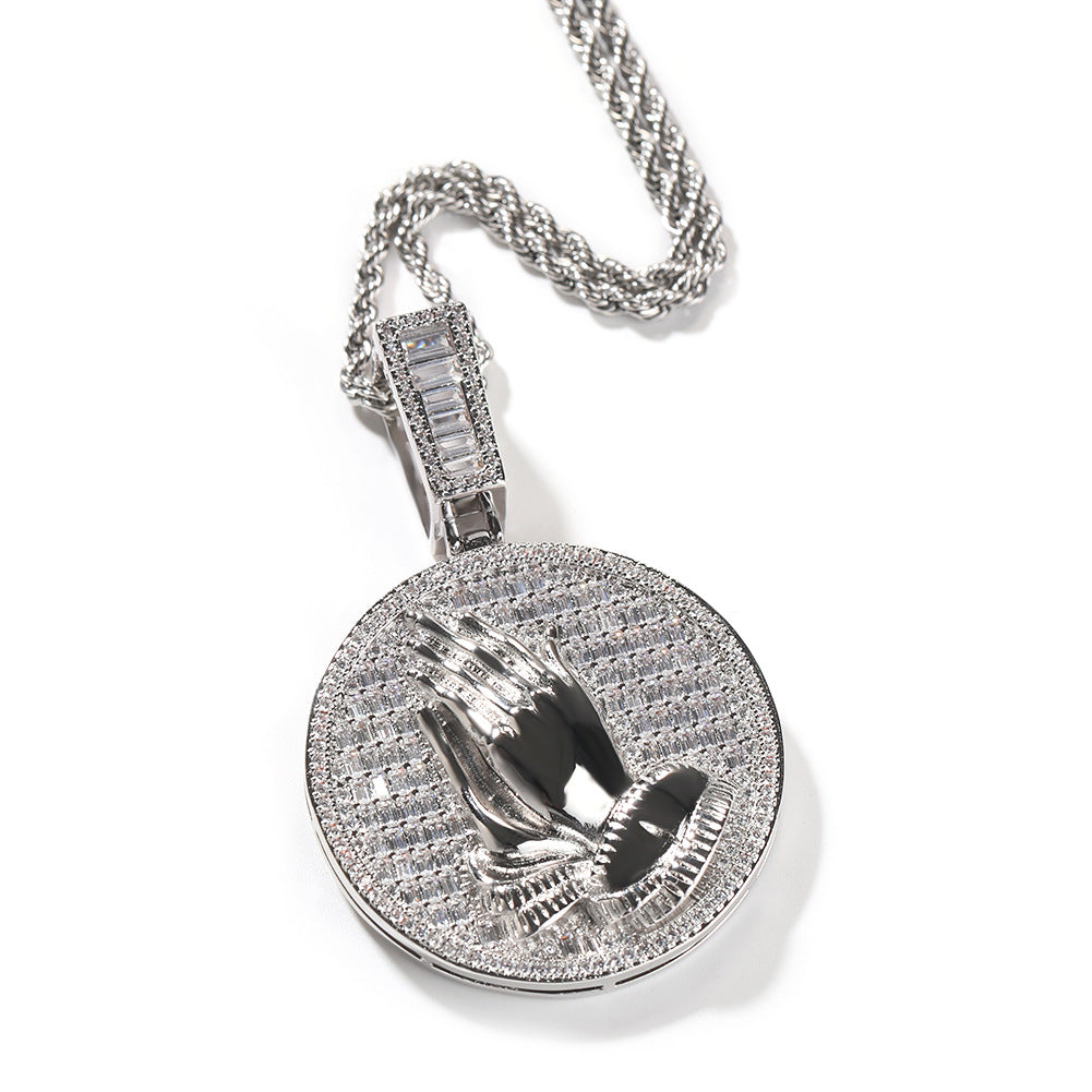 Jewelry Disc Fashion Pendant Necklace Copper with Zircon Praying Hand Jesus Pieces Spectrum