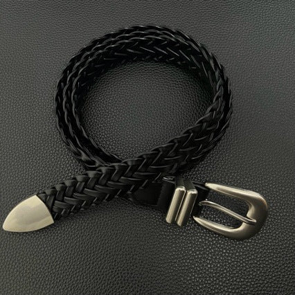 American vintage-style leather belt retro old matte hand-woven belt free punching men's and women's simple and versatile black belt