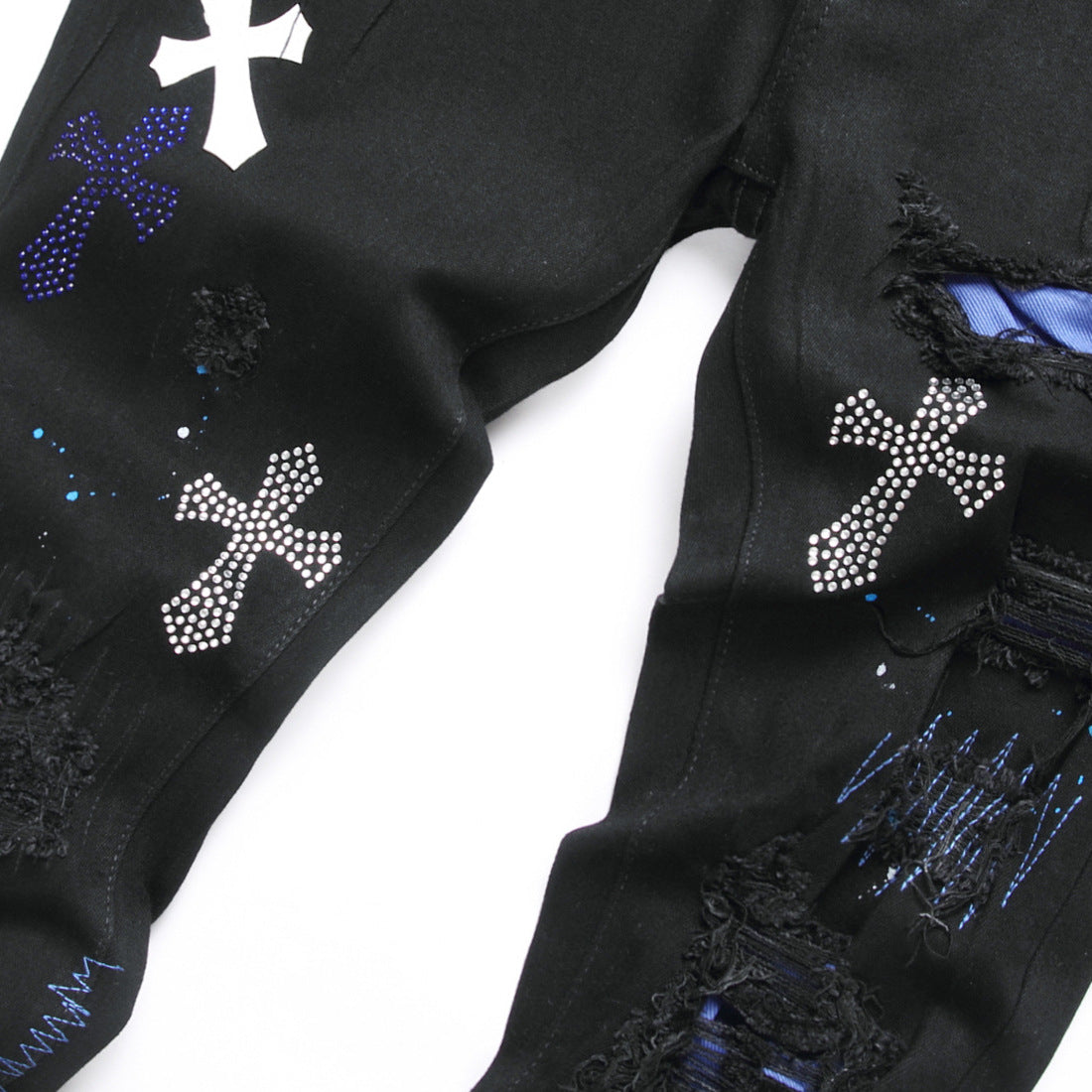 AM Jeans Cross Pattern Ripped Stretch Jeans