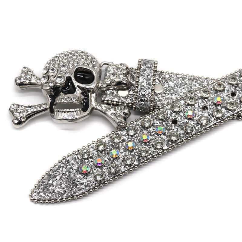 Hip-hop punk rhinestone belt silver big skull punk style