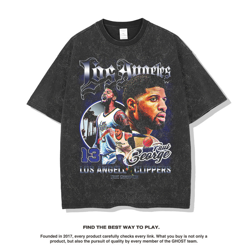 Nba T Shirt Paul George Vintage Basketball Star Printed Short Sleeve T-shirt Fashion Brand Loose Washed-out High-quality pure cotton comfortable and trendy clothing