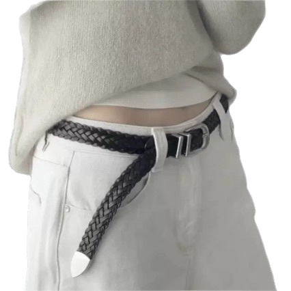 American vintage-style leather belt retro old matte hand-woven belt free punching men's and women's simple and versatile black belt