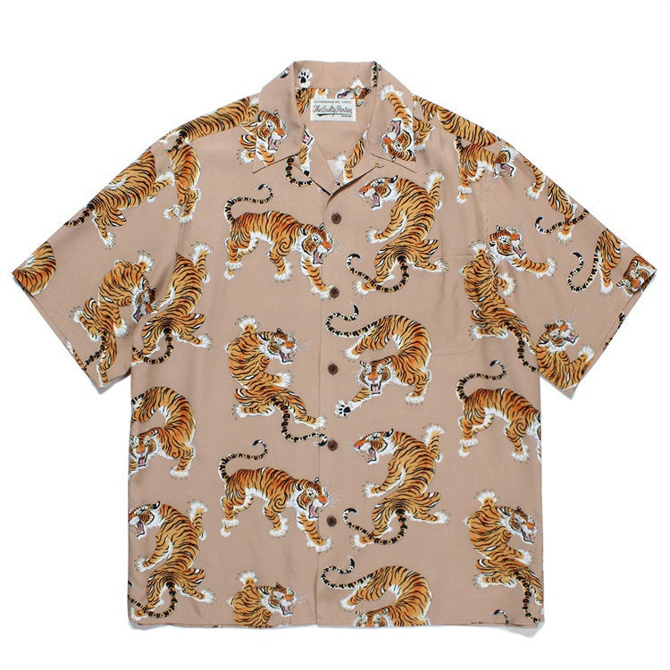 GUILTYPARTIES TIGER Shirts 23SS TIM LEHI Flame Tiger Full Print Hawaiian Short Sleeve Shirt Men