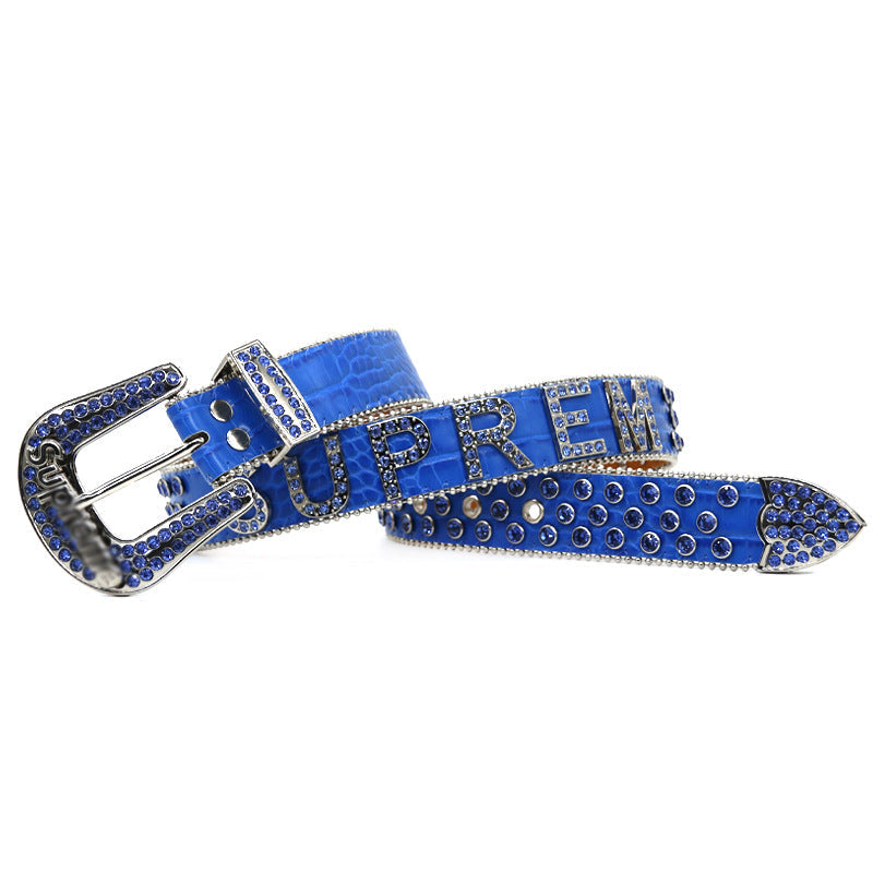 Hip-hop punk rhinestone belt inlaid with diamonds and letters supreme