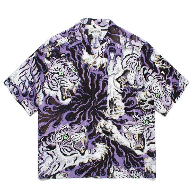 GUILTYPARTIES TIGER Shirts 23SS TIM LEHI Flame Tiger Full Print Hawaiian Short Sleeve Shirt Men