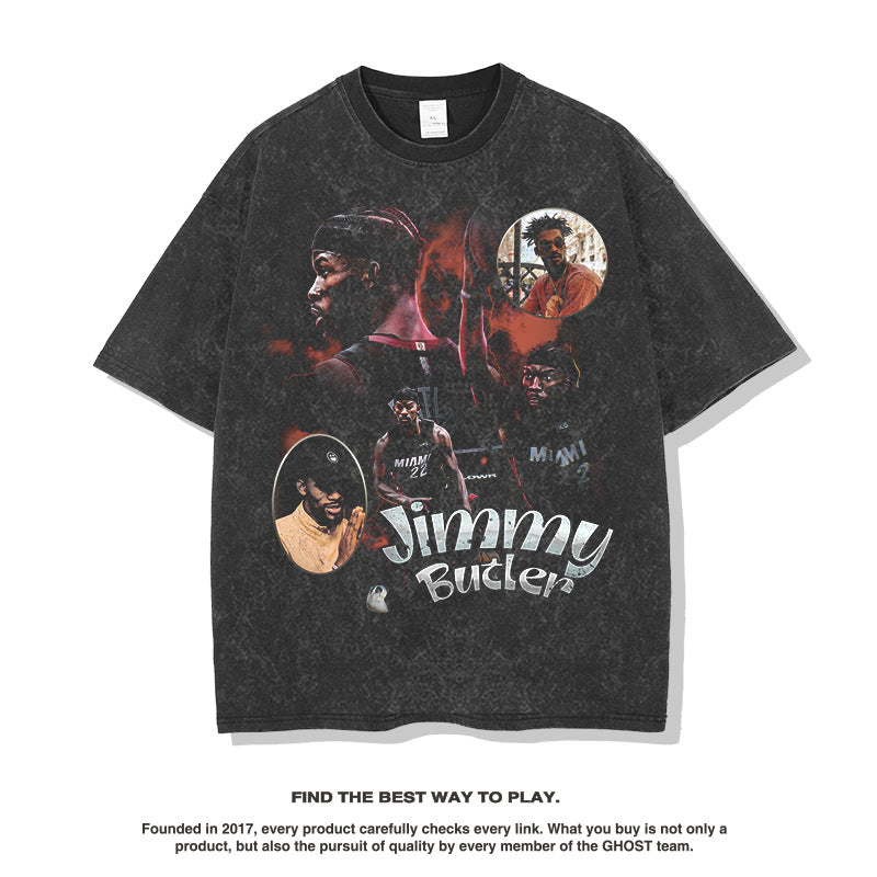 Nba T Shirt Summer Short-Sleeved T-shirt Heavy Cotton Washed Distressed Top for Men High-quality pure cotton comfortable and trendy clothing