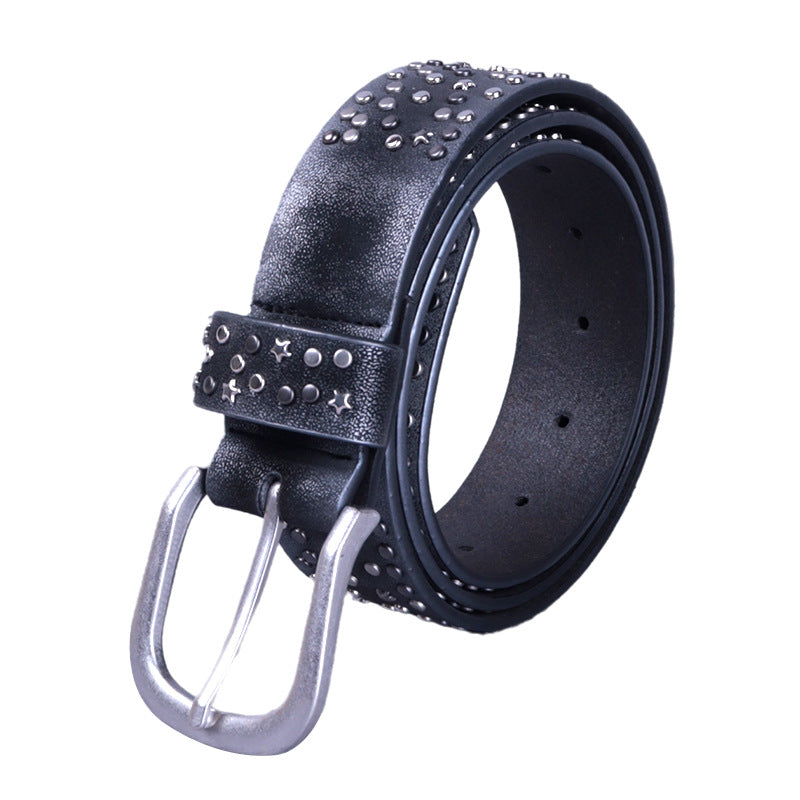 Hip-hop punk rhinestone belt retro perforated rivet ring belt