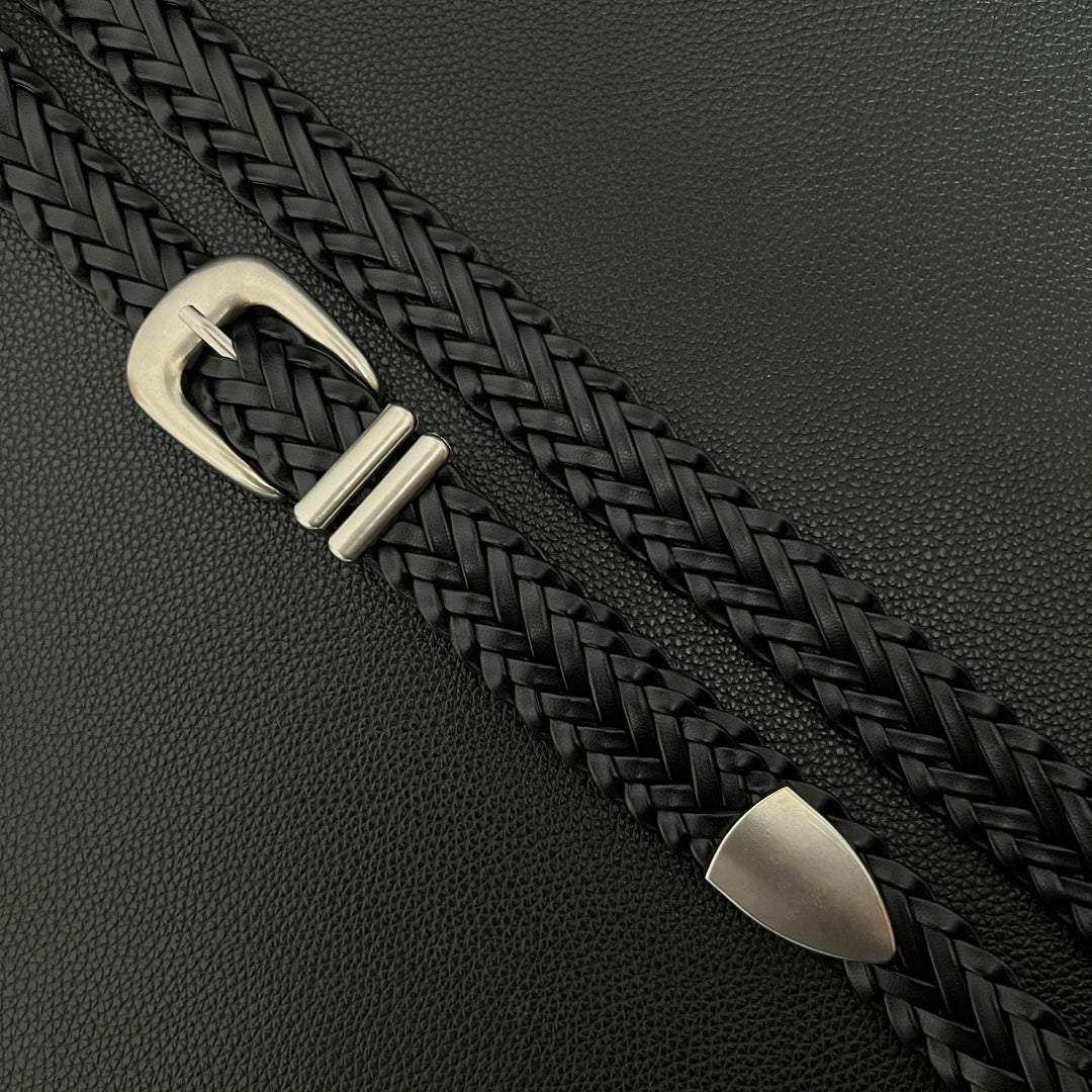 American vintage-style leather belt retro old matte hand-woven belt free punching men's and women's simple and versatile black belt