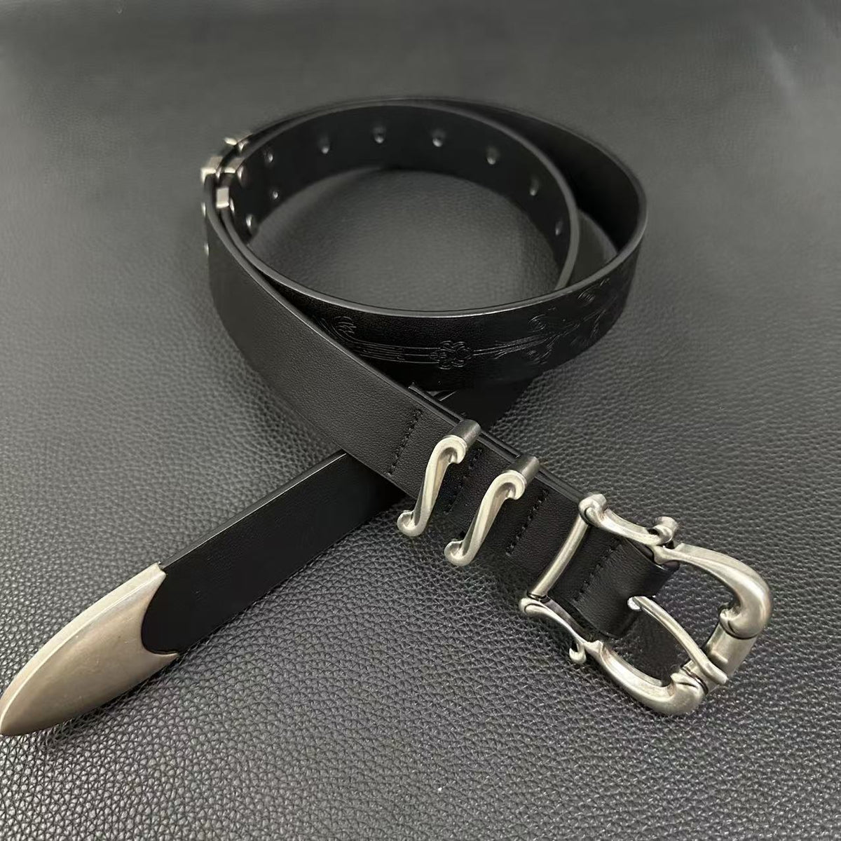American vintage-style leather belt 25SS Iris Kendo engraved bronzing matte belt Western punk rivet metal tide jeans belt