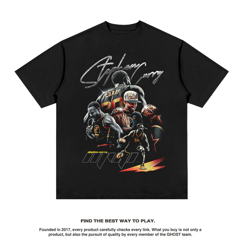 Nba T Shirt Curry Basketball Character Print Short Sleeve Men and Women Heavy Loose High-quality pure cotton comfortable and trendy clothing