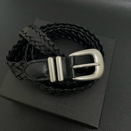 American vintage-style leather belt retro old matte hand-woven belt free punching men's and women's simple and versatile black belt