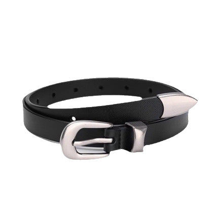 American vintage-style leather belt cleanfit niche silver buckle fine glossy belt fashion high-end style versatile black decorative jeans belt