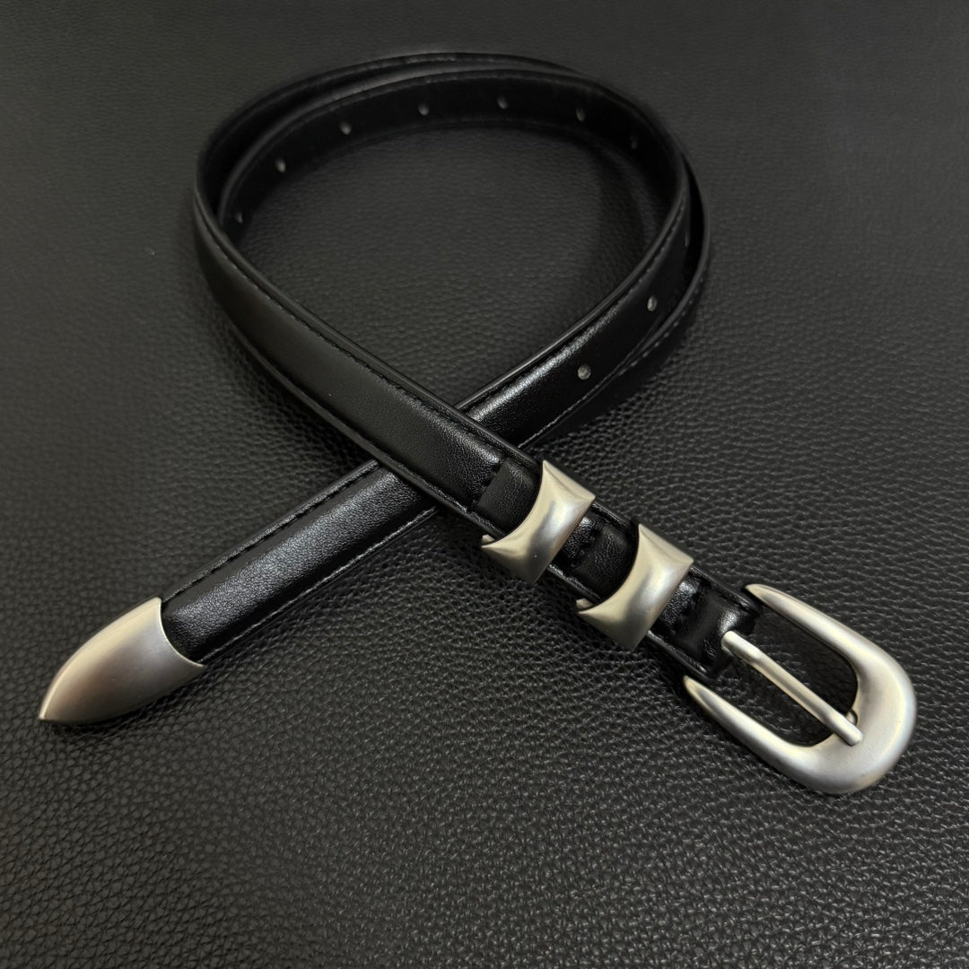 American vintage-style leather belt 2026 new silver buckle double lock ring pin buckle belt niche fashion simple versatile trend men's and women's jeans belt