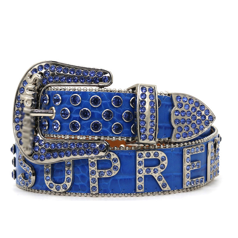 Hip-hop punk rhinestone belt inlaid with diamonds and letters supreme