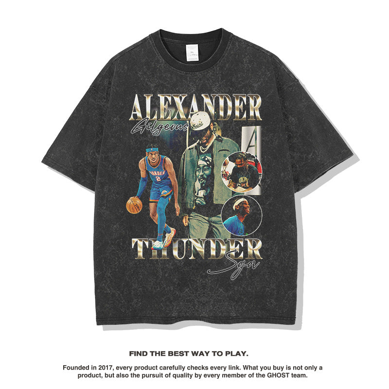 Nba T Shirt Xie Yi Alexander High Street Washed Old Short Sleeve T-shirt Top High-quality pure cotton comfortable and trendy clothing