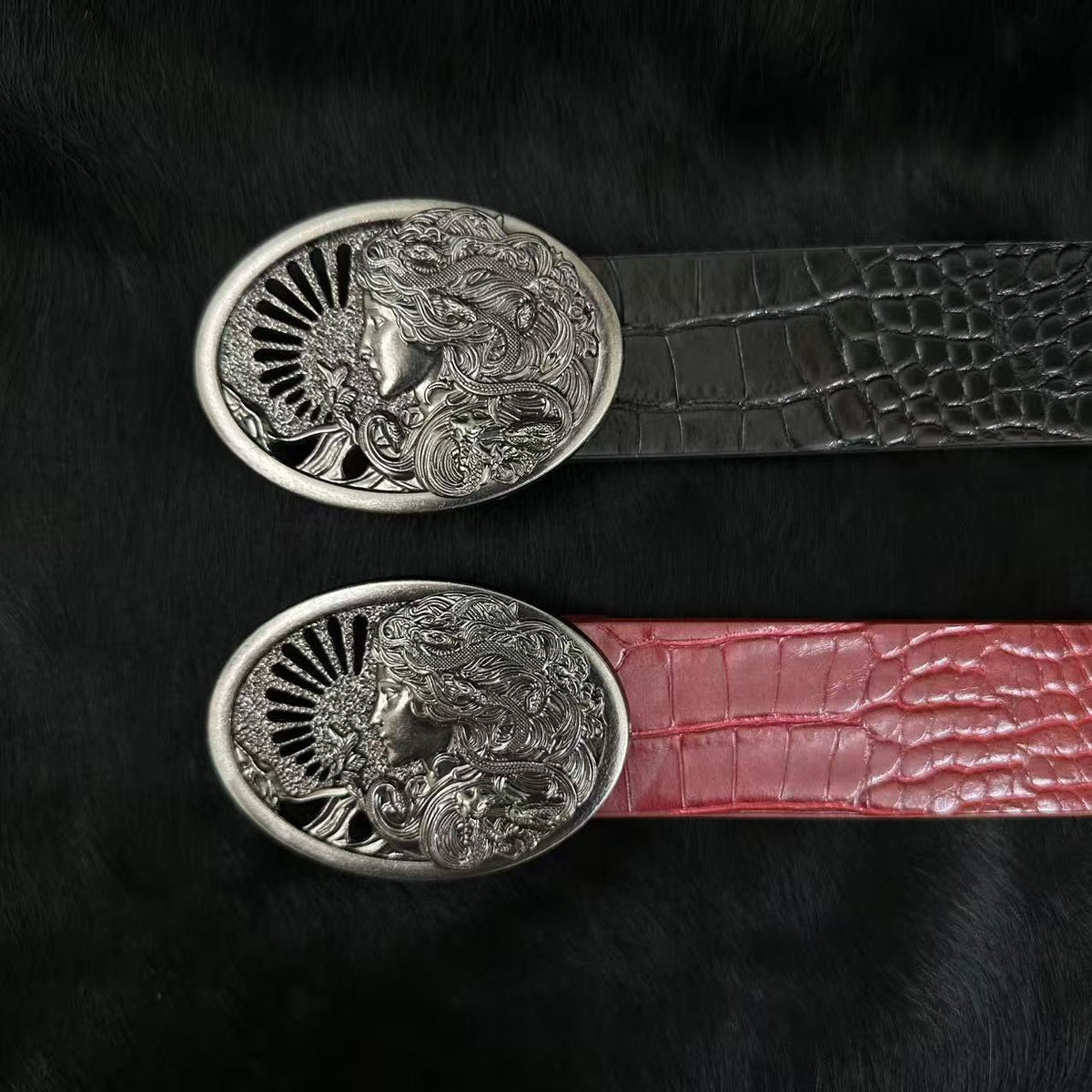 American vintage-style leather belt anti-encirclement and suppression Medusa three-dimensional relief metal buckle head belt American retro trend belt