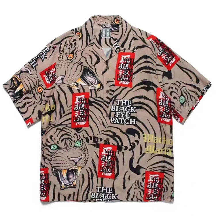 GUILTYPARTIES TIGER Shirts Summer Festival Black Eyed Tiger Flowing Cloud Hawaiian Short Sleeve Shirt Men