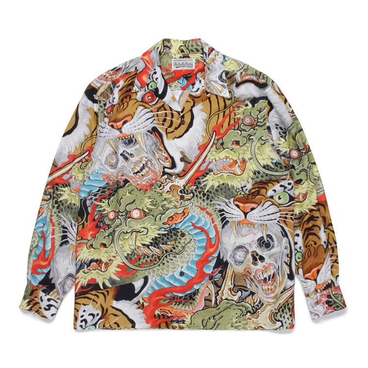 GUILTYPARTIES TIGER Long sleeved shirt Eye strap attention tiger totem skull Hawaiian long sleeved shirt