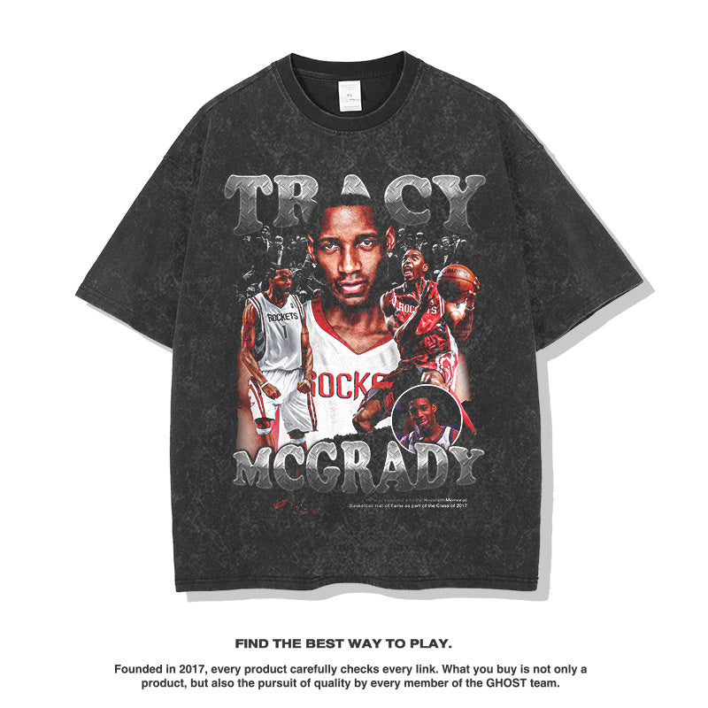 Nba T Shirt Summer Vintage Print Short Sleeves T-shirt Pure Cotton Washed Distressed Top Men High-quality pure cotton comfortable and trendy clothing