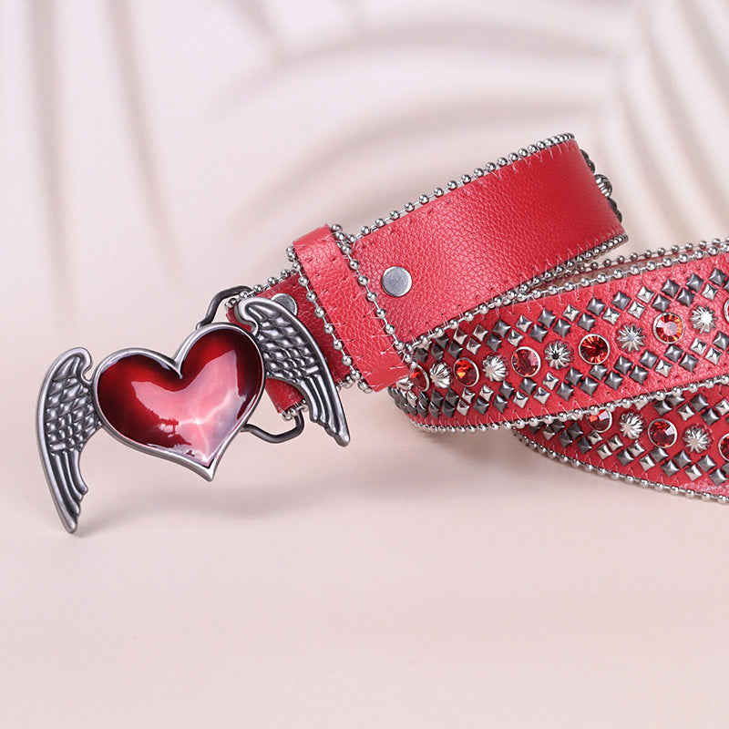 Hip-hop punk rhinestone belt retro red heart wings