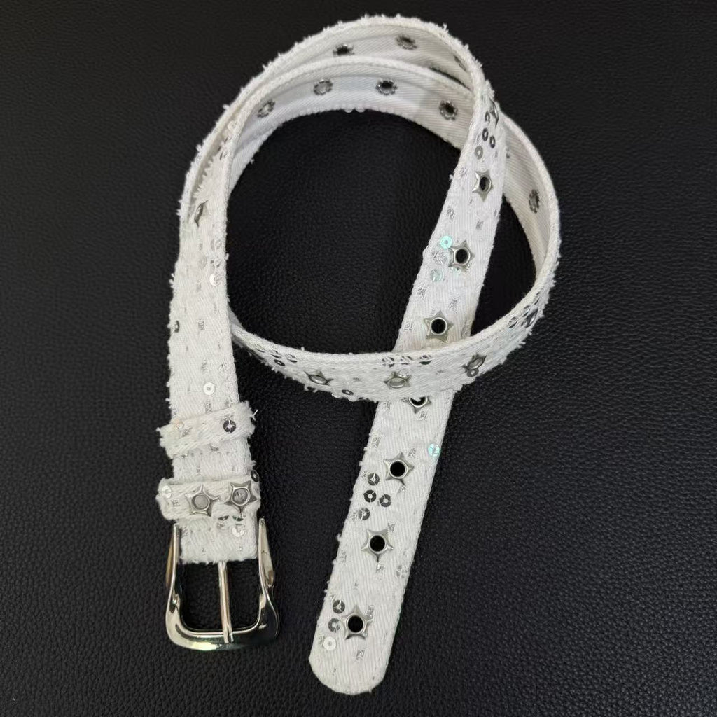 American vintage-style leather belt retro star rivet free punching belt belt belt y2k niche personality men's and women's versatile jeans belt
