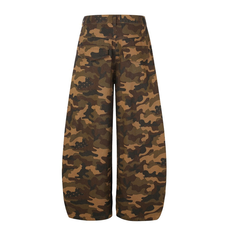 American-style streetwear harem pants Vintage Camo Stud Decor Wide Pants