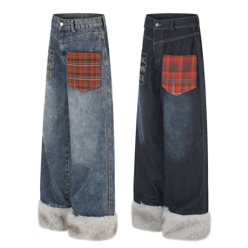 American-style streetwear harem pants Grunge Furry Hem Contrast Plaid Pocket Denim