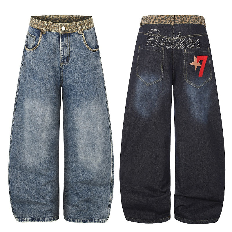 American-style streetwear harem pants Faded Leopard Waistband Relaxed Barrel Denim