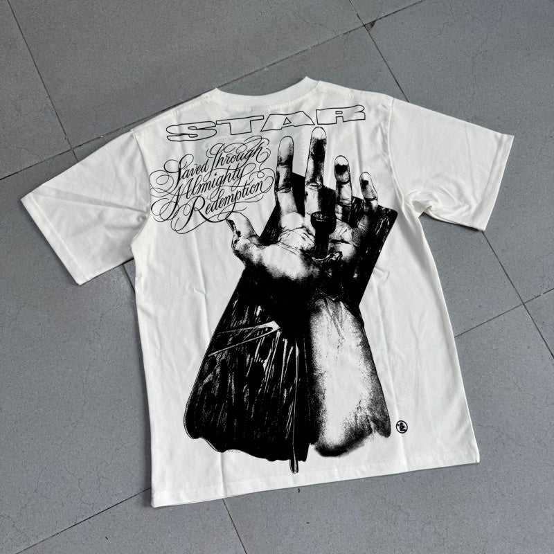 Vintage-style American T-shirt Dark Tone Palm Overlay Typography Design