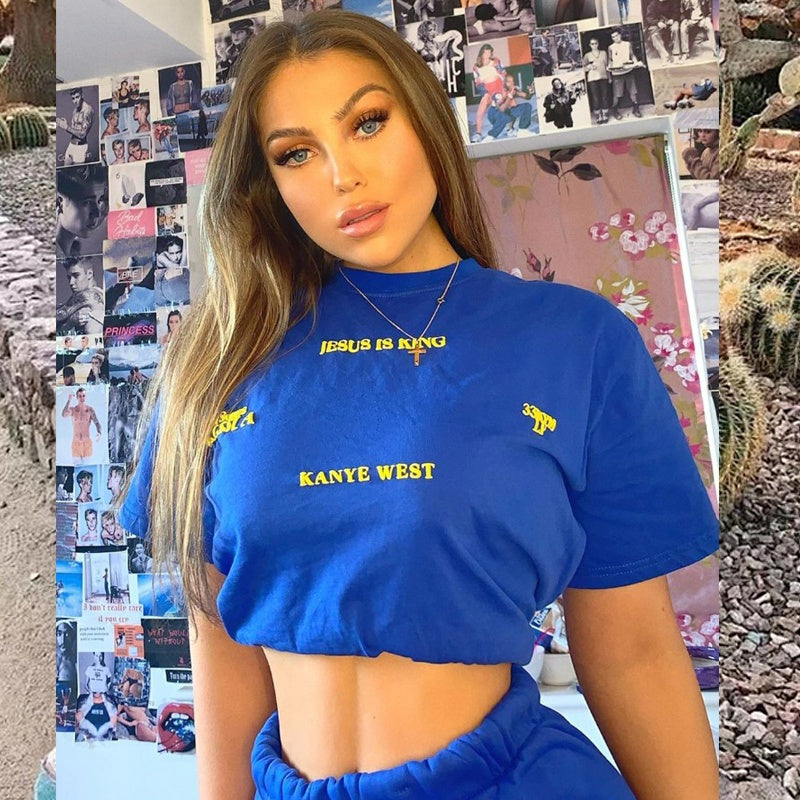 Mens T-shirt Vintage American-style Kanye "Jesus Is King" High-Street Oversized Drop-Shoulder Tee with Puffed Lettering (FOG Style)