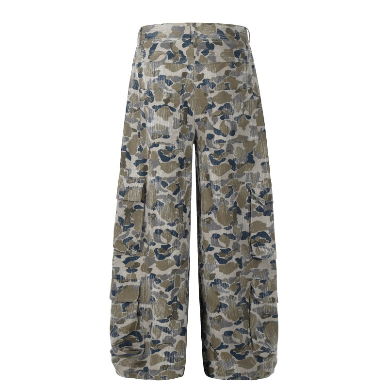 American-style streetwear harem pants Vintage faded camo multi-pocket casual design
