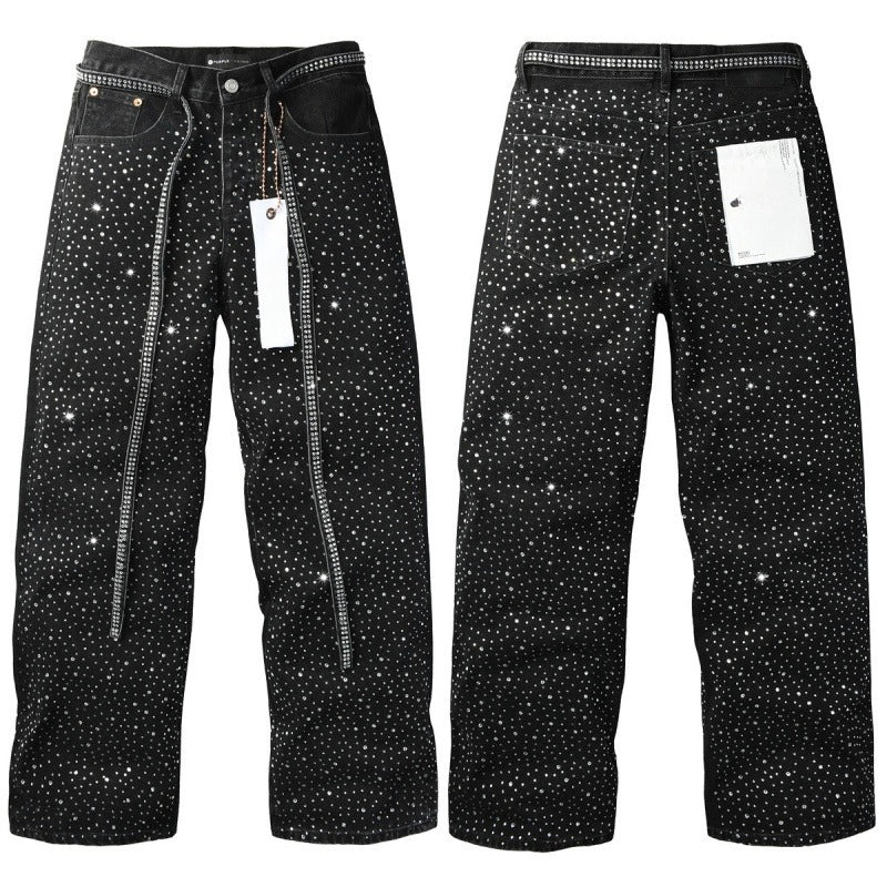 Purple brand Jeans High-quality pure cotton streetwear trousers Rhinestone-embellished loose straight-leg trousers Comes with a belt