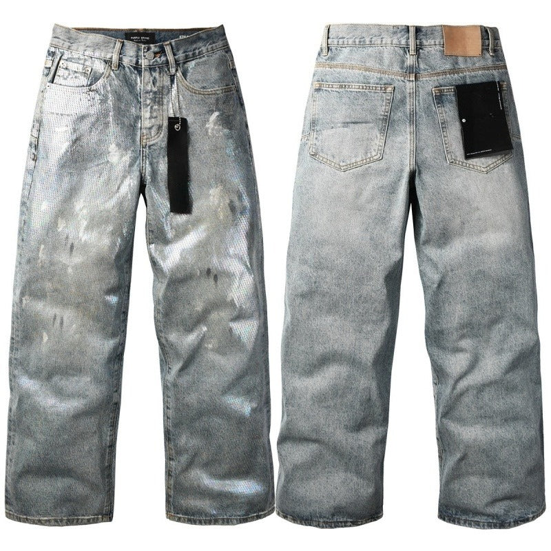 Purple brand Jeans High-quality pure cotton streetwear trousers Oil-finish loose straight-leg trousers