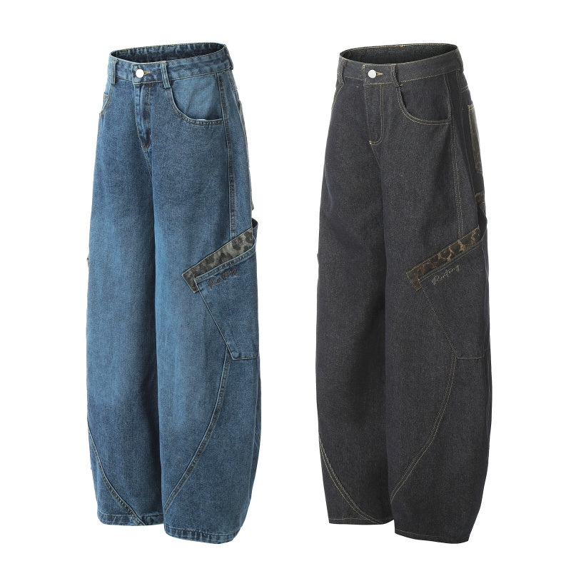 American-style streetwear harem pants Irregular Stitching Curved Leg Baggy Jeans