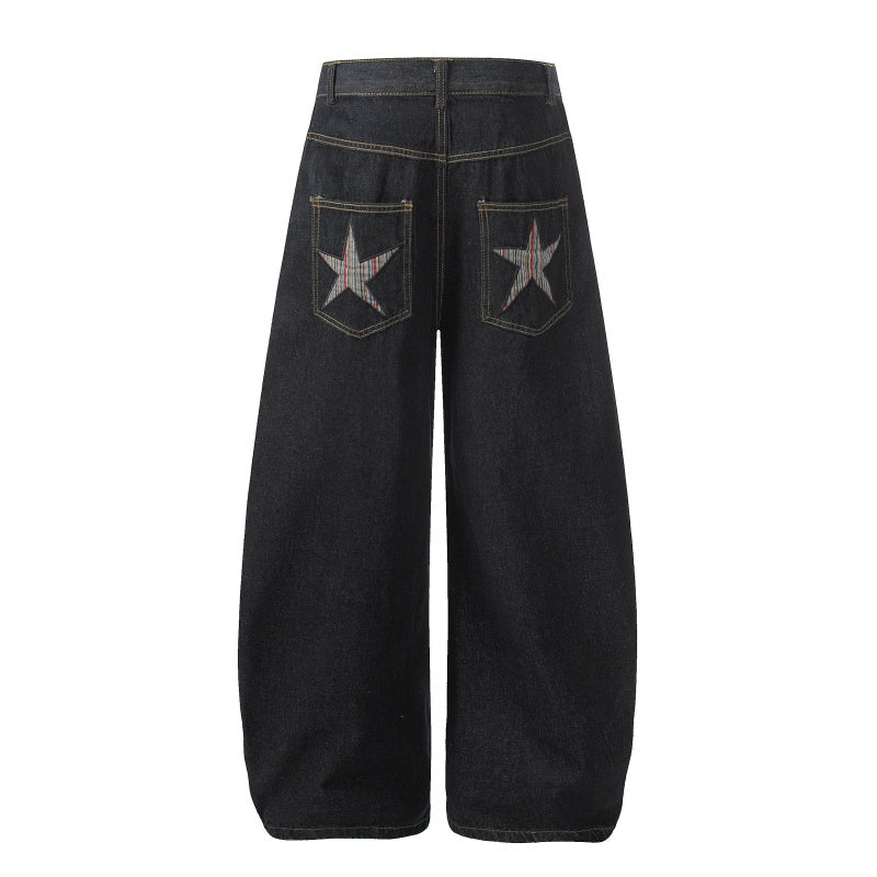 American-style streetwear harem pants Multi Star Patchwork Relaxed Barrel Silhouette Denims