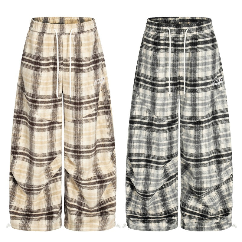 American-style streetwear harem pants Crinkled Plaid Relaxed Wide Cut Garment