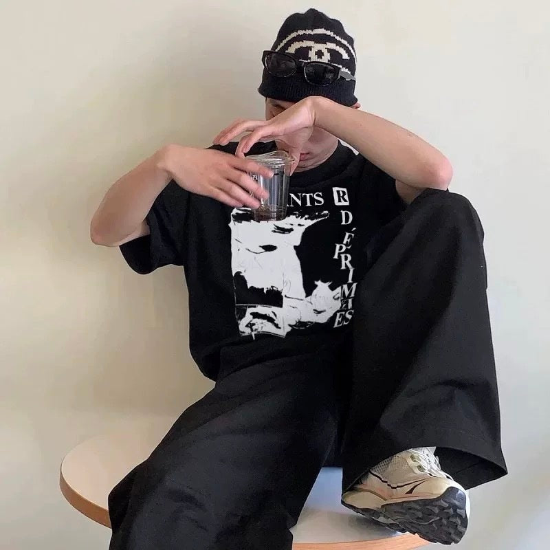ERD T Shirts Deconstructed Faded Half-Face Graphic Side Vertical Letter Print Washed Black Oversized Tee