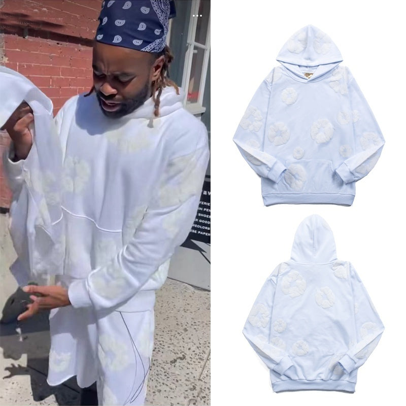 Denim Tears Hoodie Y2K All-Over White Cotton Wreath Floral Puff Printed Light Blue Oversized Hoodie