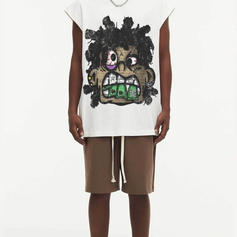 BIG FACE Drop-Shoulder Tank Top High-street vintage style featuring a small neckline, white-ink digital direct-to-garment (DTG) printing, and a heavy-duty, distressed wash finish; crafted from 260g double-yarn plain-knit fabric.